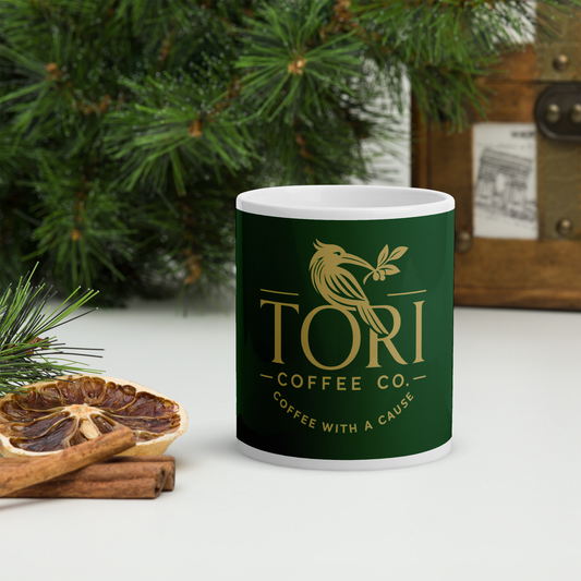 Tori Coffee Co. white ceramic mug, front view alternate
