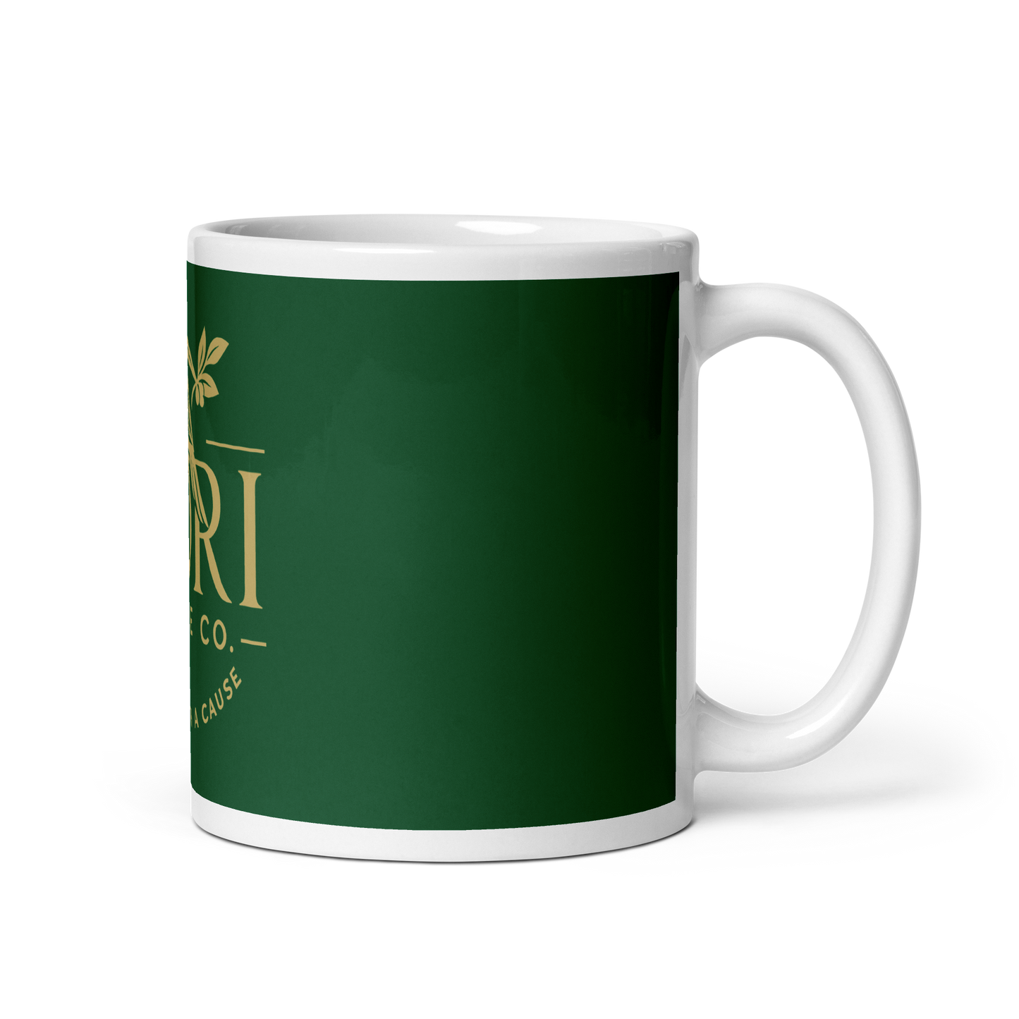 Tori Coffee Co. white ceramic mug, handle on right close-up