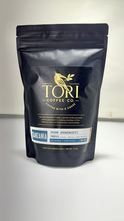 Tori Coffee Co. Tanzania coffee bag, Medium Roast, 12oz